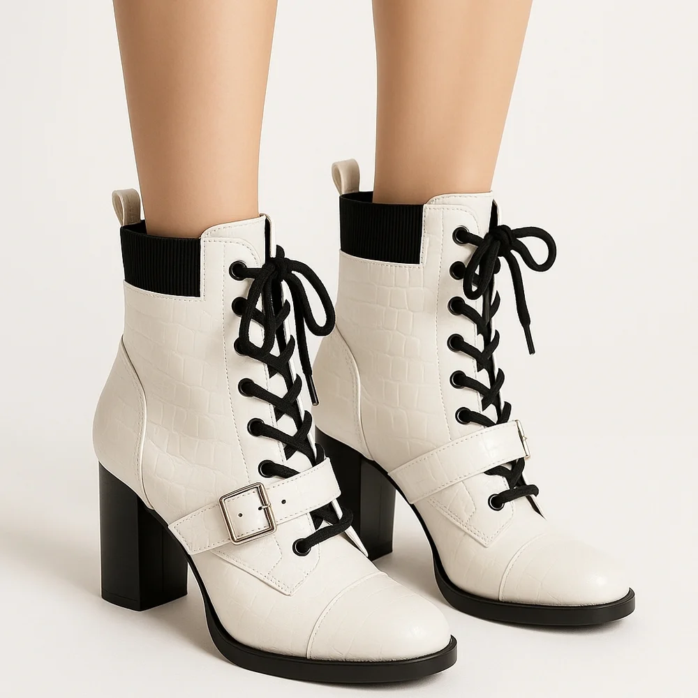 White Croc-Embossed Lace-Up Block Heel Ankle Boots with Buckle - Picture 1 of 2
